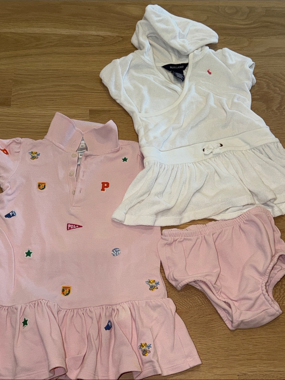 Ralph Lauren LOT White Terry Hooded Skirted dress + pink polo Dress 18 months